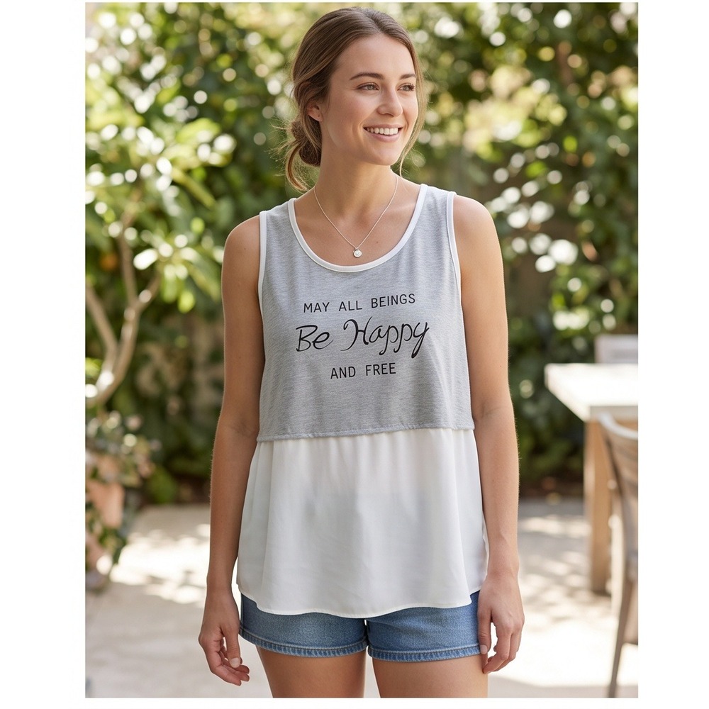 Almost Famous 3X May All Beings Be Happy And Free Tank Top Gray White Plus